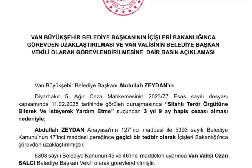 Van Büyükşehir Belediye Başkanı görevden uzaklaştırıldı, yerine vali atandı