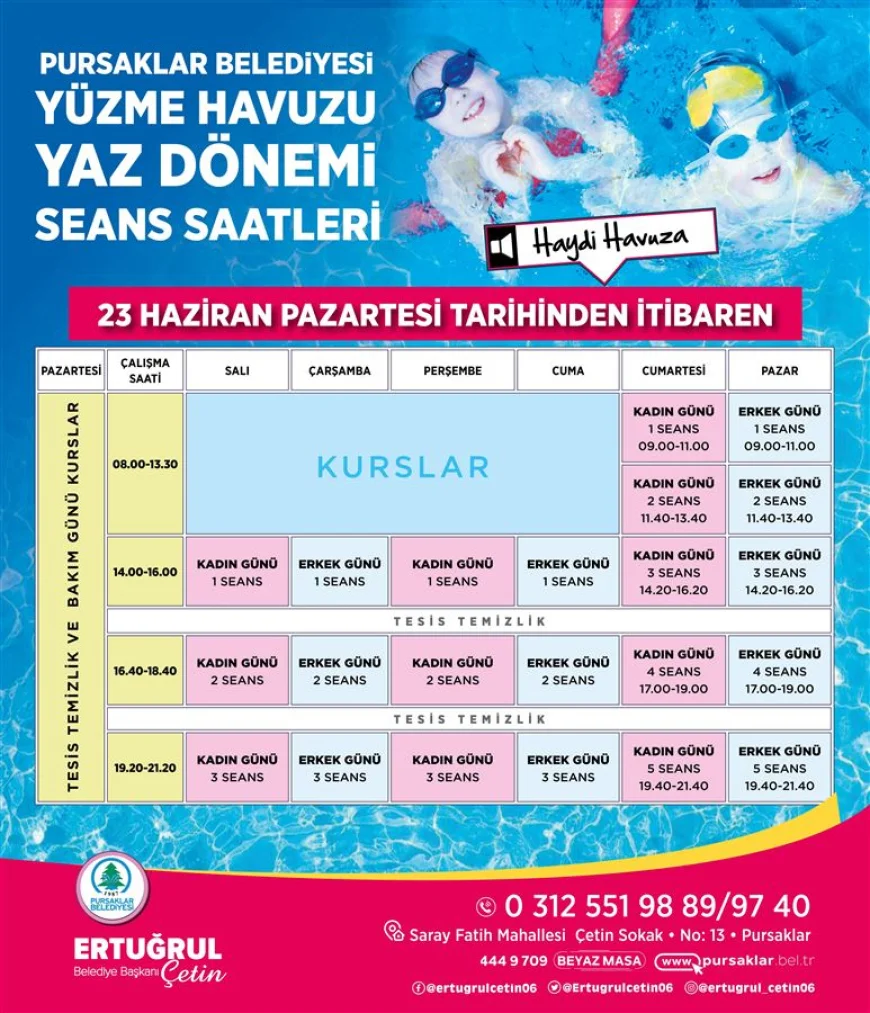 Pursaklar Belediyesi yaz dönemi yüzme havuzu seans saatlerini açıkladı